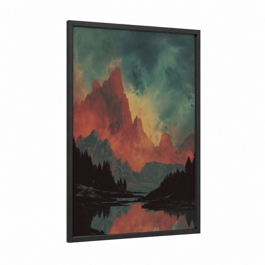 Crimson Mountain Dreamscape framed art print — black wood frame — red and teal palette