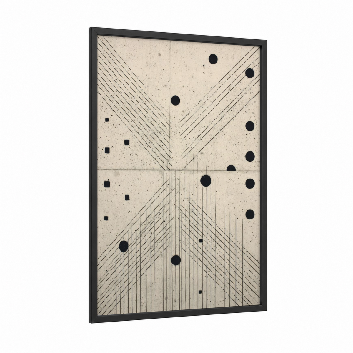 Geometric Minimalism framed abstract geometric print — black wood frame — black and white palette