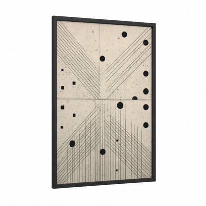 Geometric Minimalism framed abstract geometric print — black wood frame — black and white palette