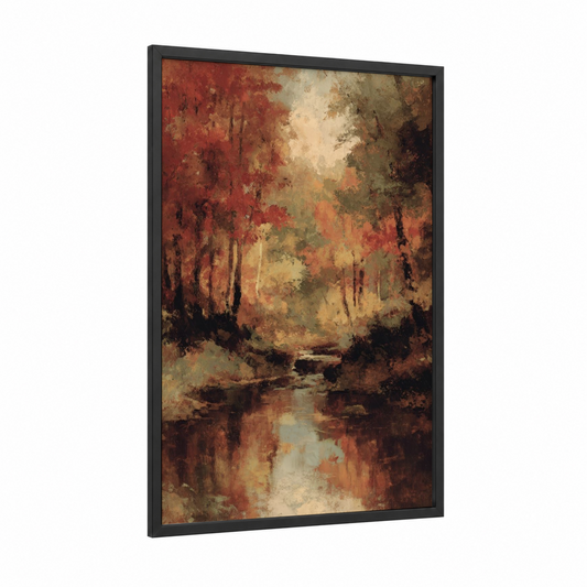 Autumn Maple Forest framed art print — black wood frame — russet and gold palette