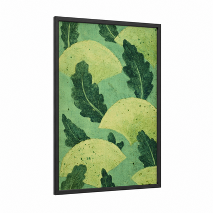 Yellow Pasta Leaves framed art print — black wood frame — light green and yellow palette