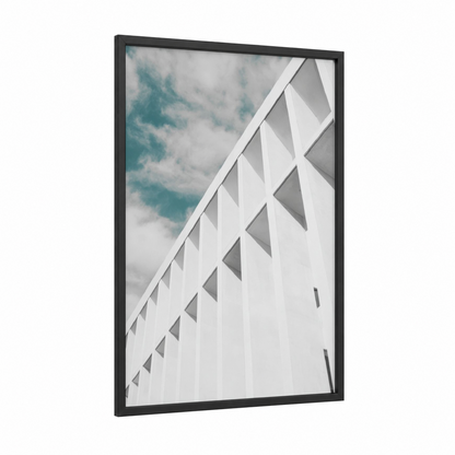 Geometric Façade framed abstract architecture print — black wood frame — white and blue and white palette