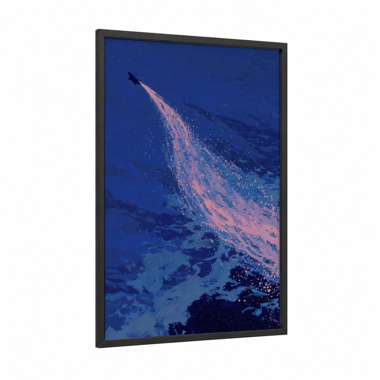 Luminous Wahoo framed art print — black wood frame — blue and gold and pink palette