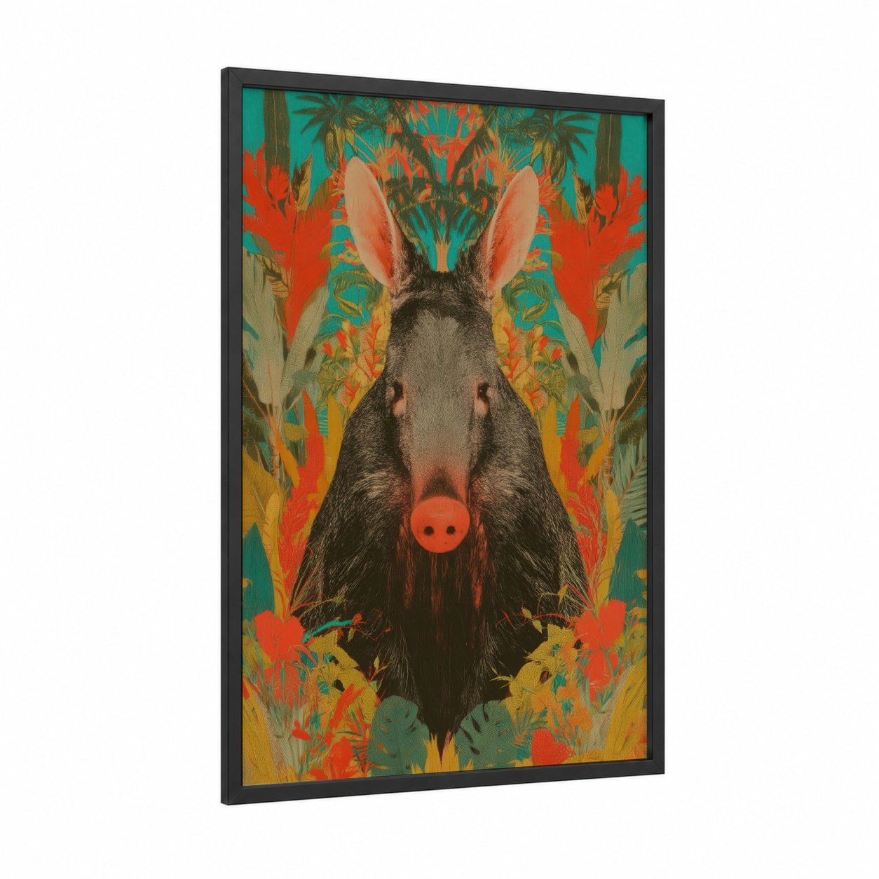 Tropical Aardvark framed art print — black wood frame — orange and teal palette