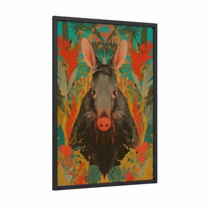 Tropical Aardvark framed art print — black wood frame — orange and teal palette