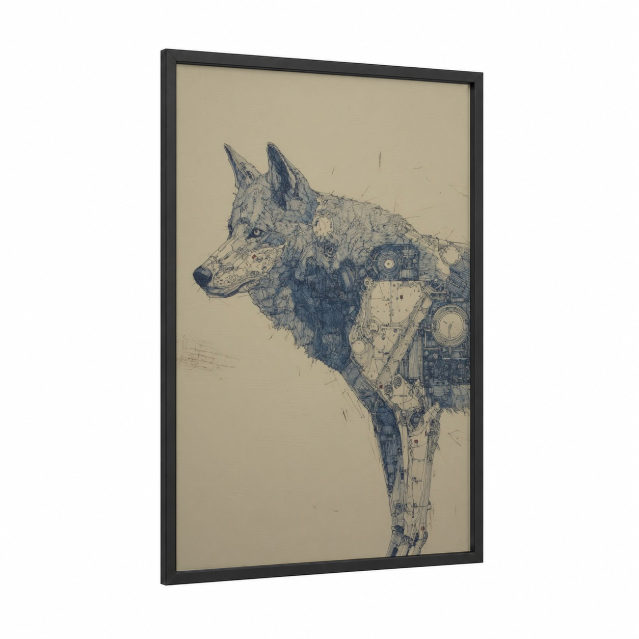 Mechanical Wolf framed art print — black wood frame — black and white and cream palette