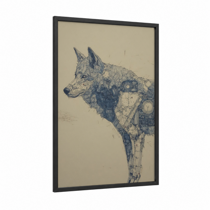 Mechanical Wolf framed art print — black wood frame — black and white and cream palette