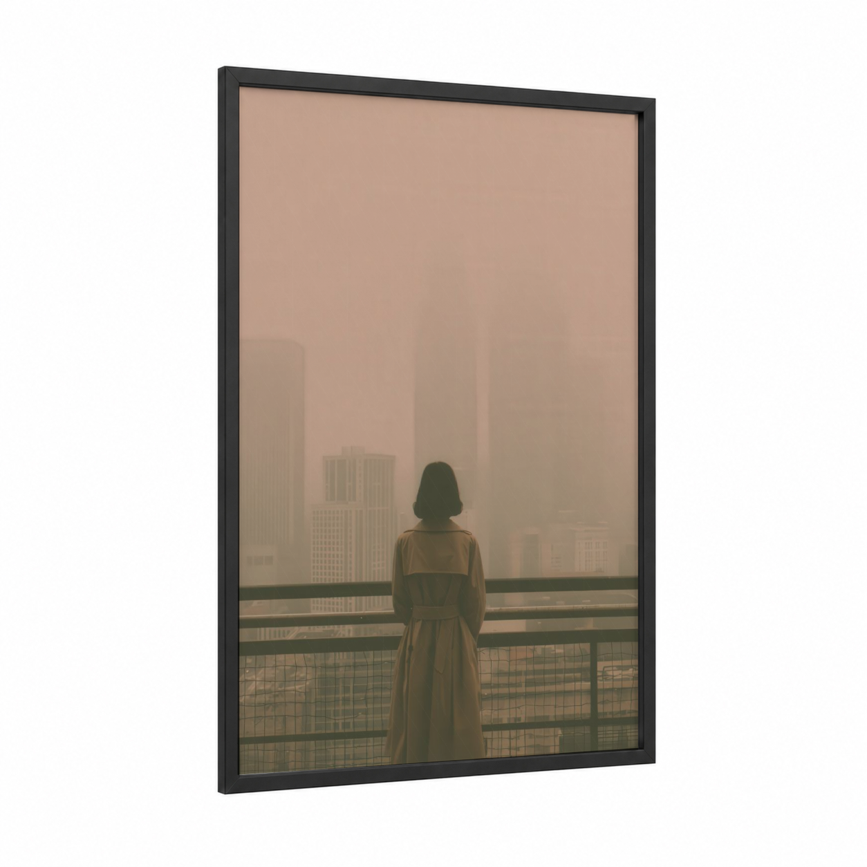 Solitary Contemplation framed fashion photography print — black wood frame — beige and dove gray palette