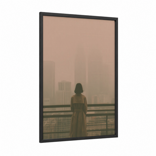 Solitary Contemplation framed fashion photography print — black wood frame — beige and dove gray palette