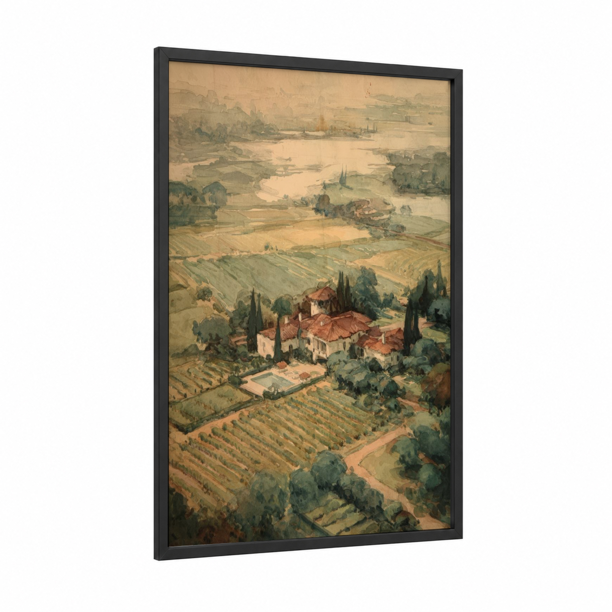 Tuscan Vineyard Estate framed vineyards print — black wood frame — gold and sage green palette