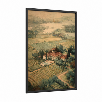 Tuscan Vineyard Estate framed vineyards print — black wood frame — gold and sage green palette