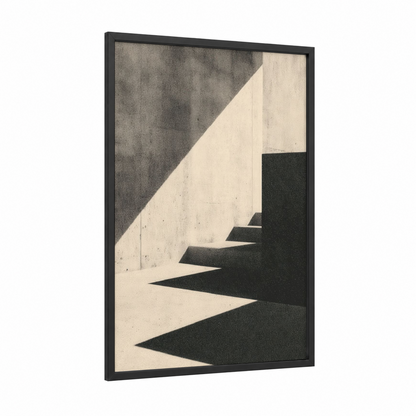 Geometric Shadows framed abstract minimalist print — black wood frame — black and white and gray palette