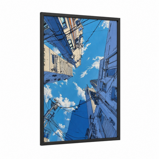 Urban Sky View framed abstract architecture print — black wood frame — blue and cream palette