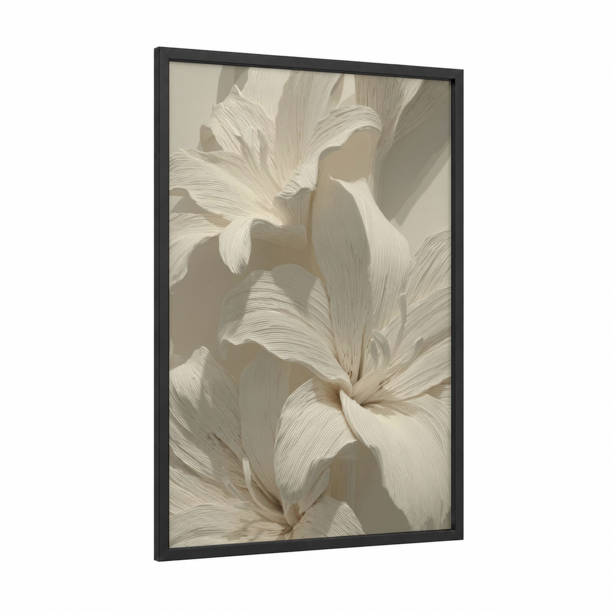 Ivory Lily Blooms framed art print — black wood frame — cream and beige palette