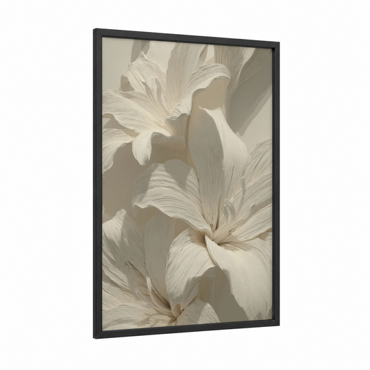 Ivory Lily Blooms framed art print — black wood frame — cream and beige palette