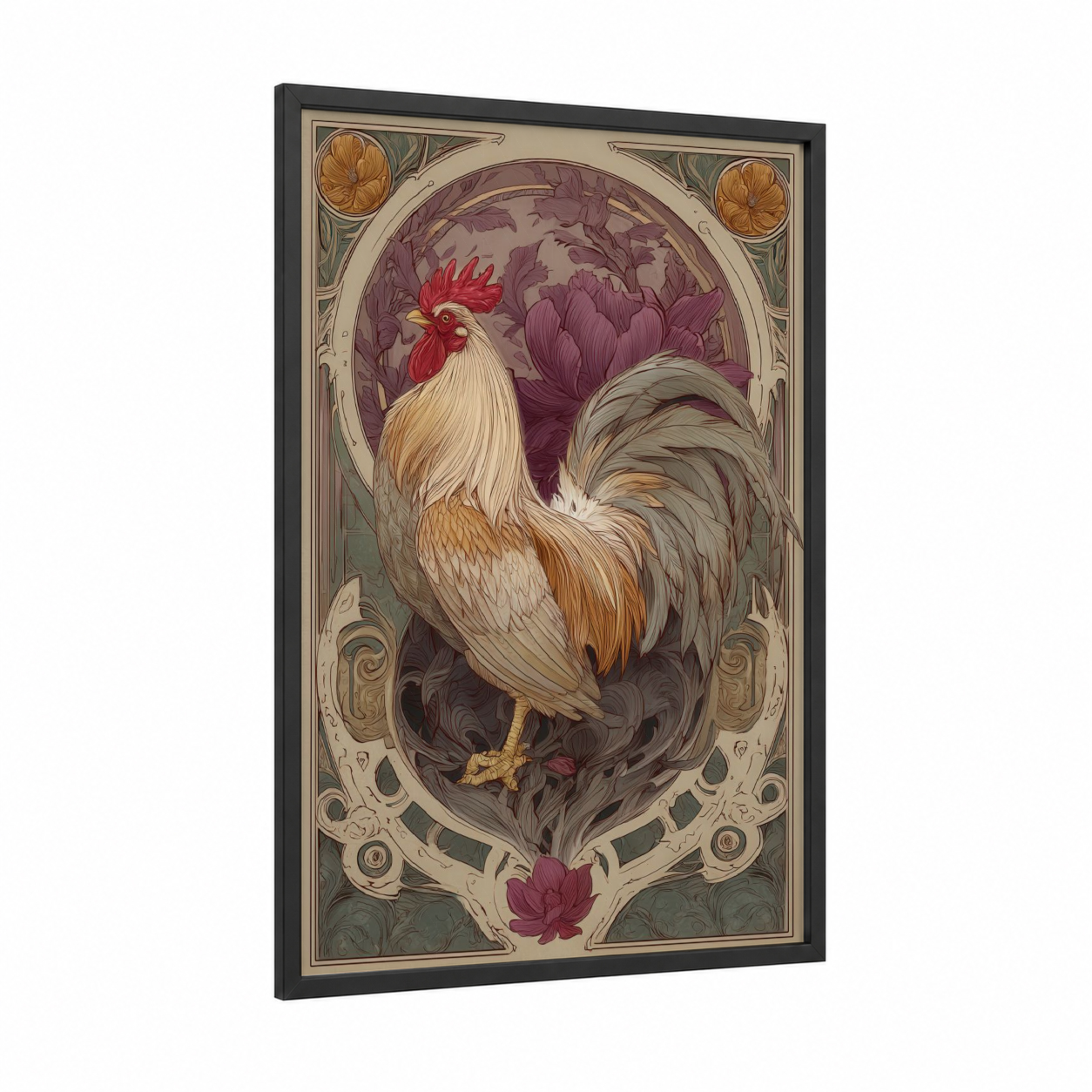 Crimson Rooster framed chicken and roosters print — black wood frame — gold and maroon palette