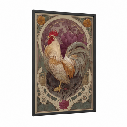 Crimson Rooster framed chicken and roosters print — black wood frame — gold and maroon palette