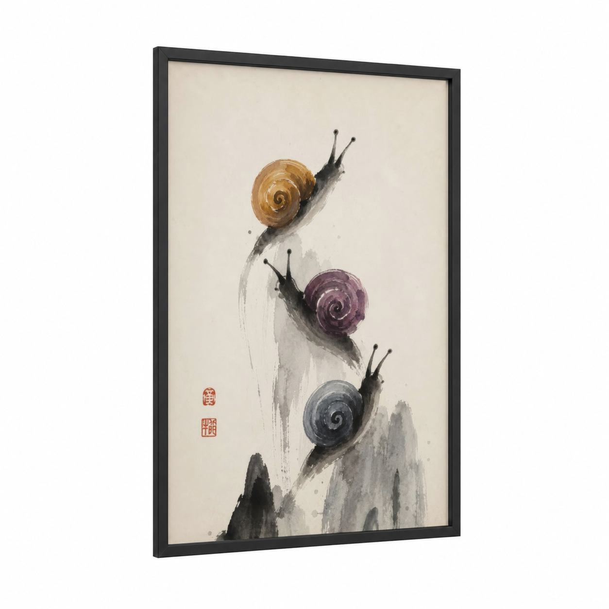 Japanese Snail Trio Wall Art framed art print — black wood frame — beige and purple palette
