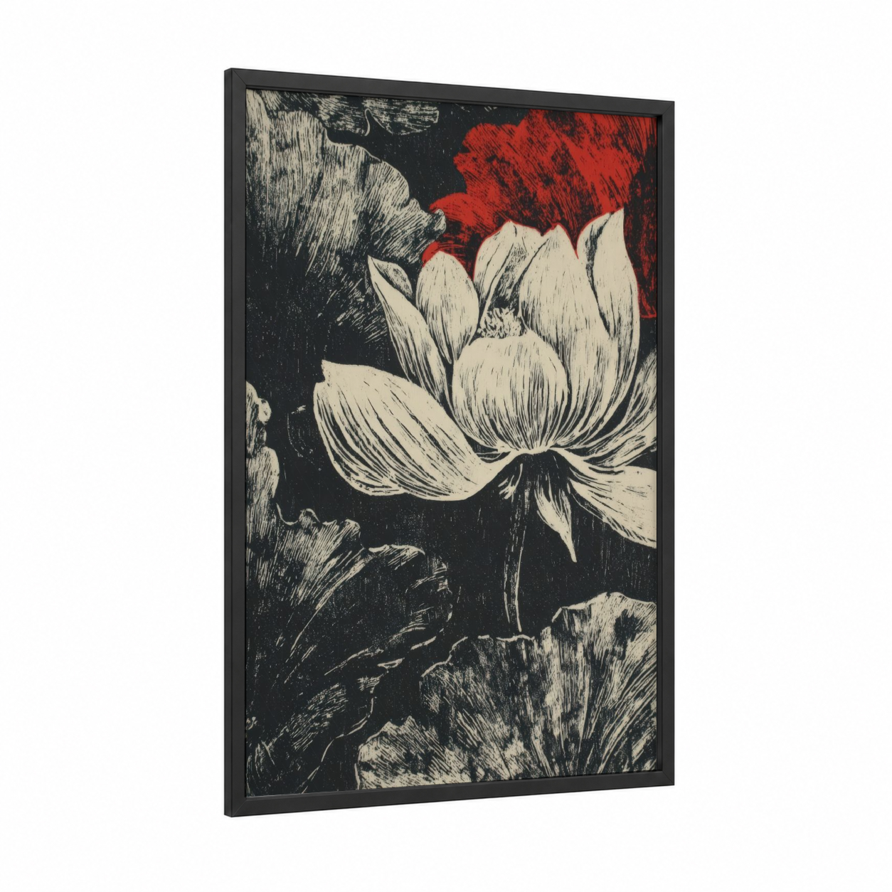 Crimson Lotus Study framed art print — black wood frame — black and white and red palette