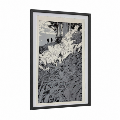 Amaryllis Garden framed amarillys print — black wood frame — black and white and gray palette