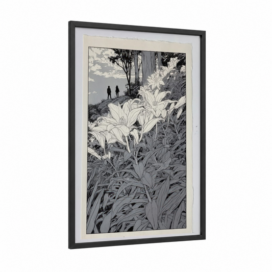 Amaryllis Garden framed amarillys print — black wood frame — black and white and gray palette