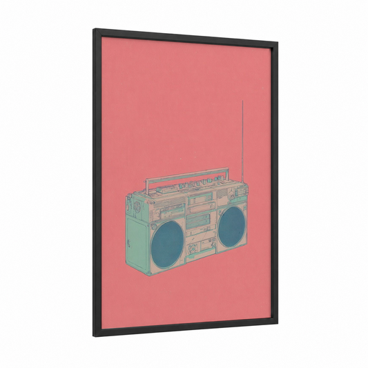 Mint Boombox framed art print — black wood frame — light green and salmon pink palette