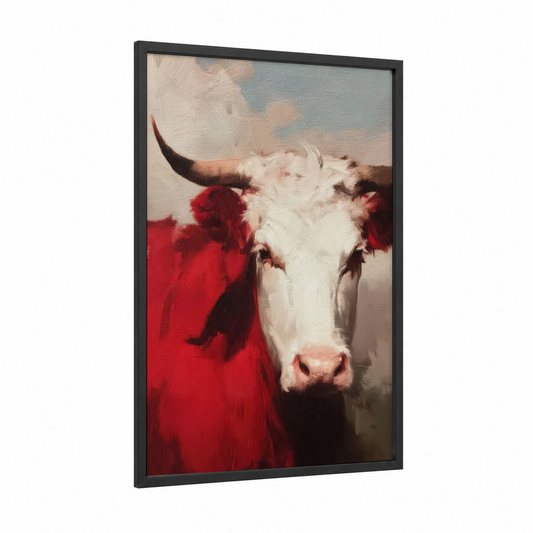 Crimson Hereford framed hereford cow print — black wood frame — red and white palette