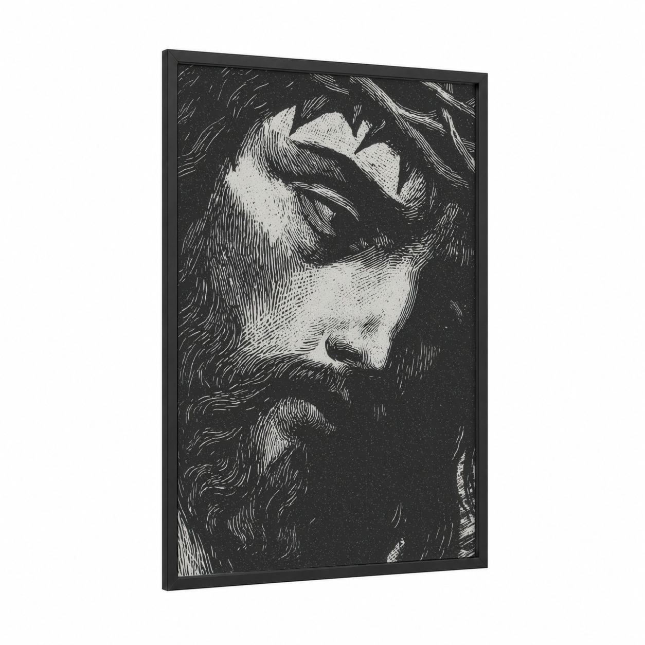 Contemplative Savior framed jesus christ print — black wood frame — black and white palette