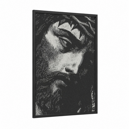 Contemplative Savior framed jesus christ print — black wood frame — black and white palette