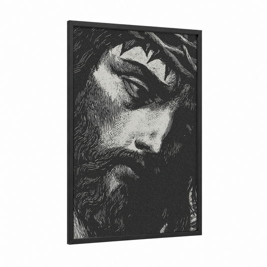 Contemplative Savior framed jesus christ print — black wood frame — black and white palette
