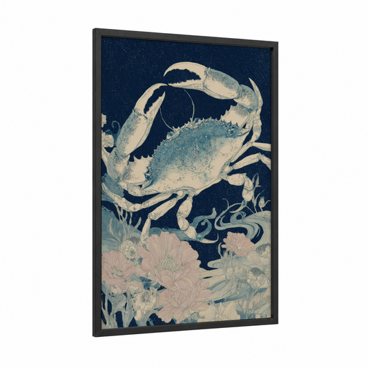 Celestial Crab framed cancer print — black wood frame — dark blue and cream palette