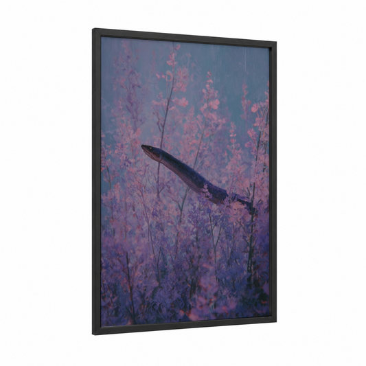 Ethereal Eel framed eels print — black wood frame — blue and gray palette