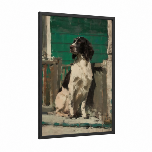 Contemplative Spaniel framed art print — black wood frame — black and white and dark green palette