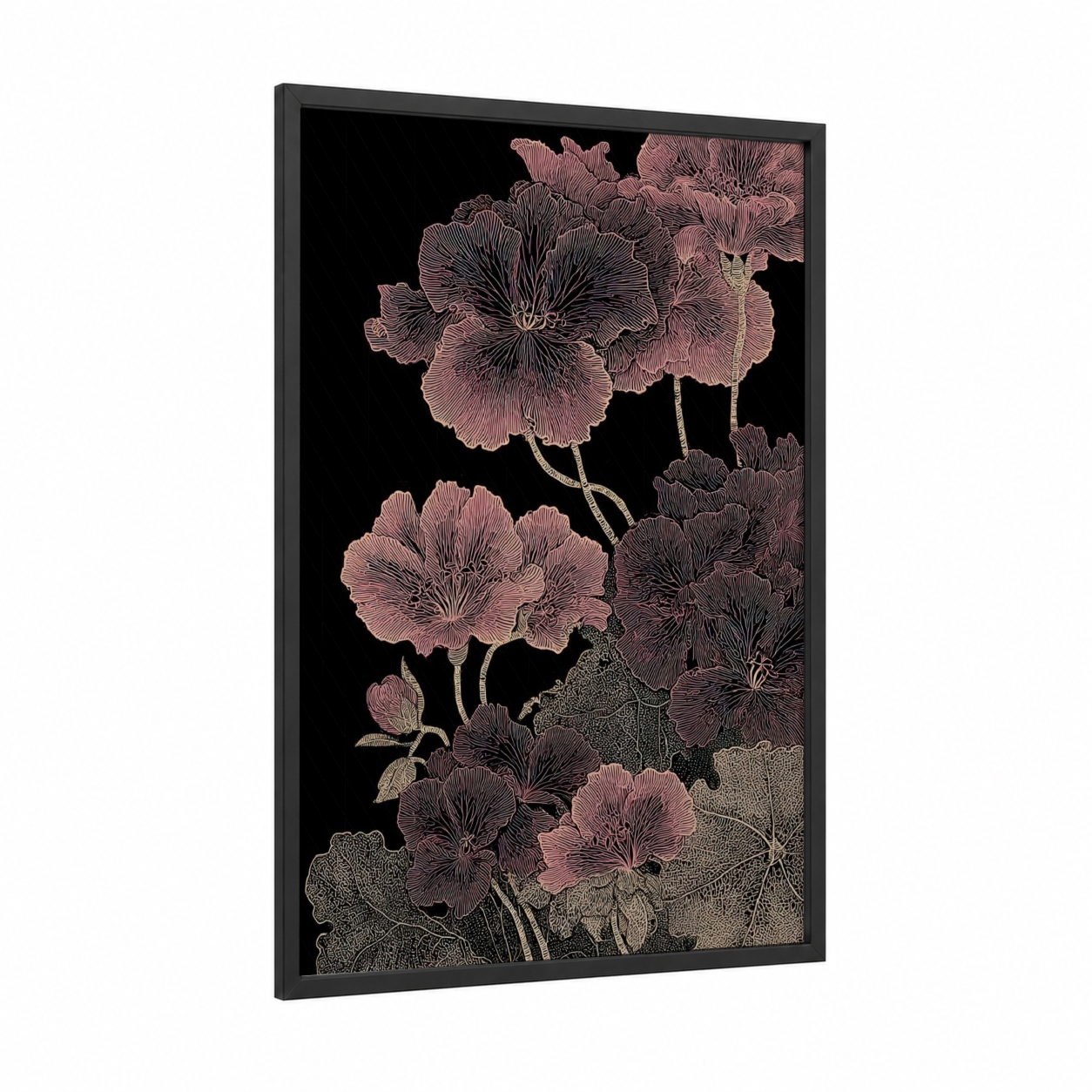 Midnight Geranium framed art print — black wood frame — salmon pink and black palette