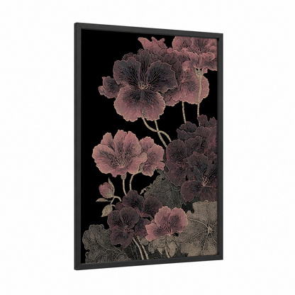 Midnight Geranium framed art print — black wood frame — salmon pink and black palette