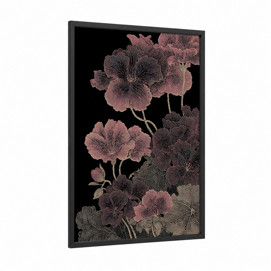 Midnight Geranium framed art print — black wood frame — salmon pink and black palette