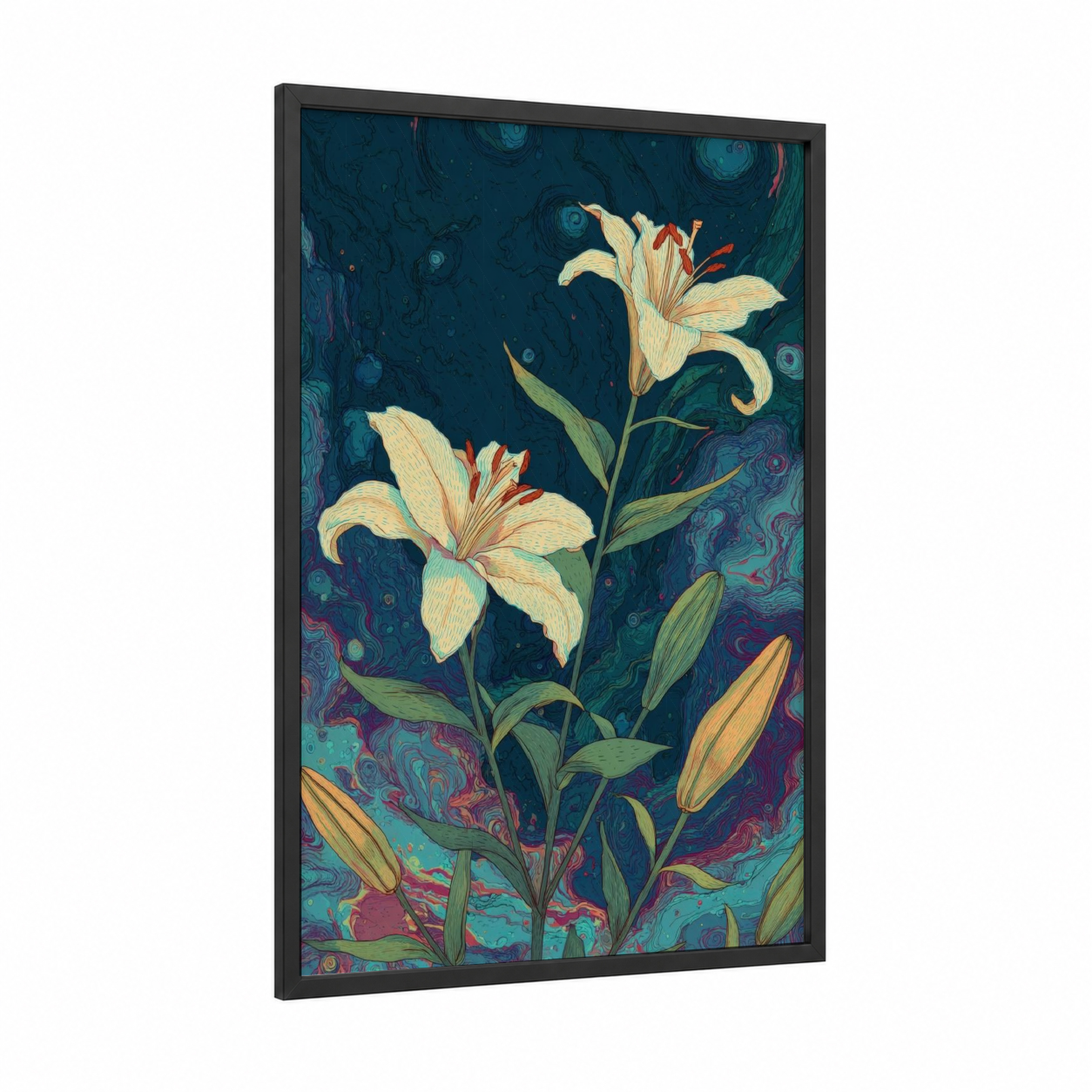 Starry Lilies framed lily print — black wood frame — dark blue and teal palette