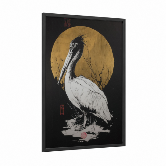 Golden Moon Pelican framed art print — black wood frame — gold and black and white palette