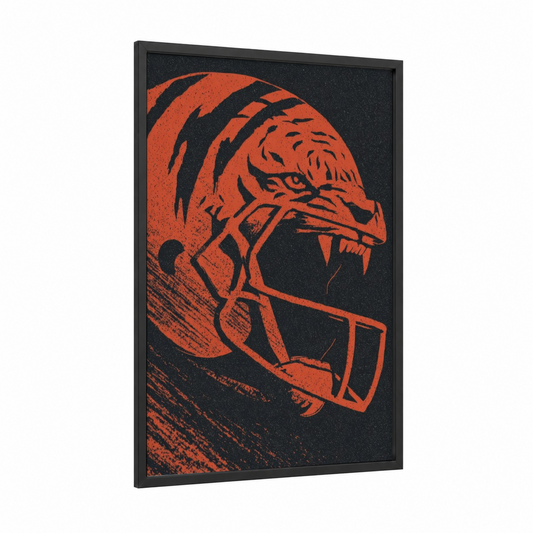 Fierce Tiger Helmet framed football print — black wood frame — red and black palette