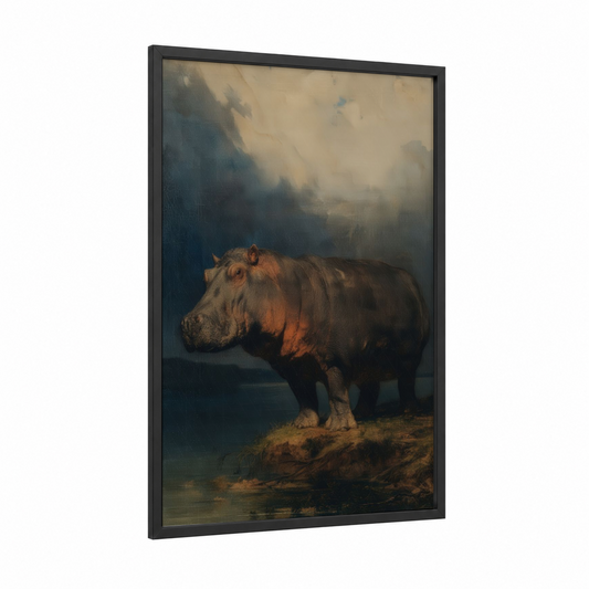 Misty Hippo framed art print — black wood frame — gold and blue palette