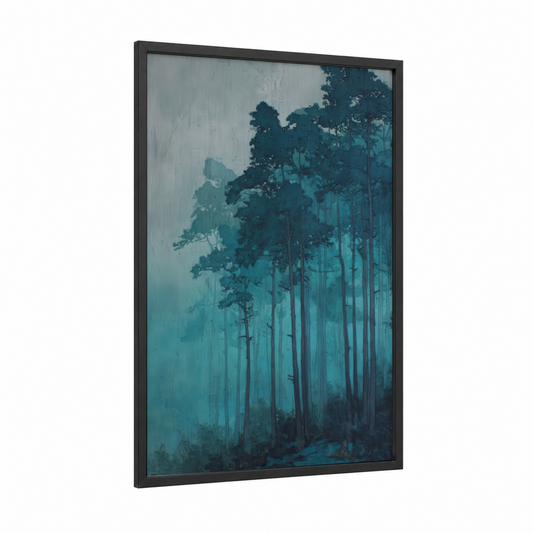 Misty Forest Trees framed art print — black wood frame — dark blue and dove gray palette