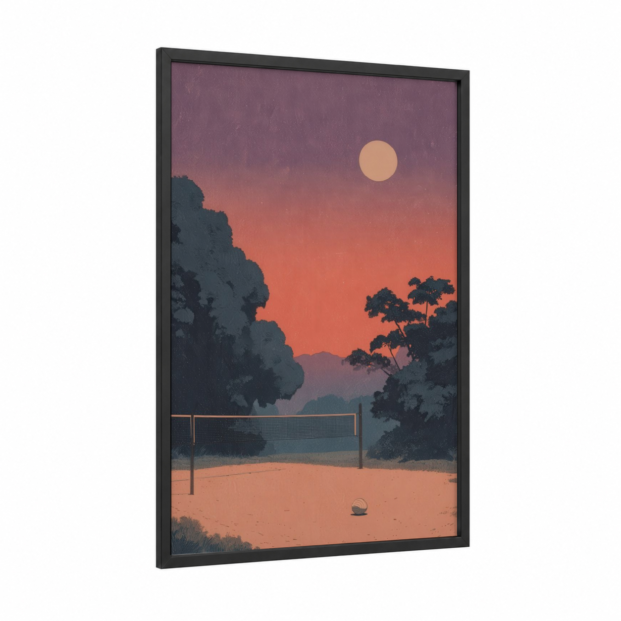 Sunset Volleyball framed art print — black wood frame — salmon pink and gold palette