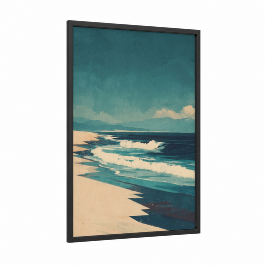 Coastal Serenity framed sandy beach print — black wood frame — teal and cream palette