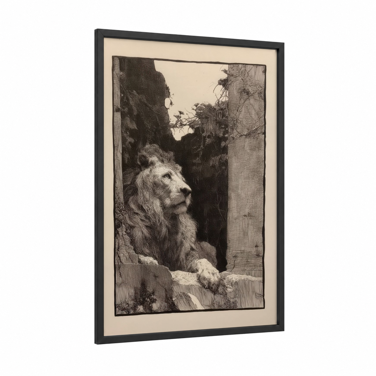 Contemplative Lion framed art print — black wood frame — black and white and cream palette