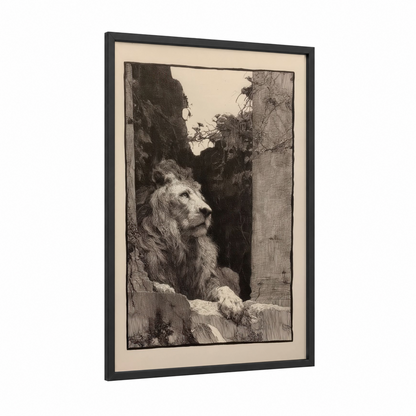 Contemplative Lion framed art print — black wood frame — black and white and cream palette