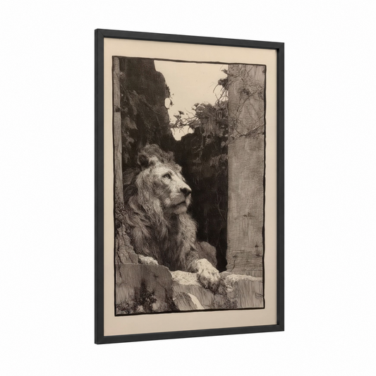 Contemplative Lion framed art print — black wood frame — black and white and cream palette