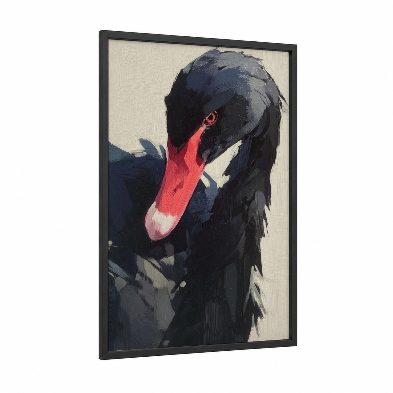 Black Swan Portrait framed art print — black wood frame — black and white and salmon pink palette
