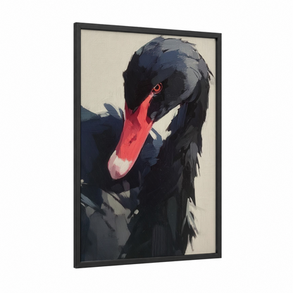 Black Swan Portrait framed art print — black wood frame — black and white and salmon pink palette