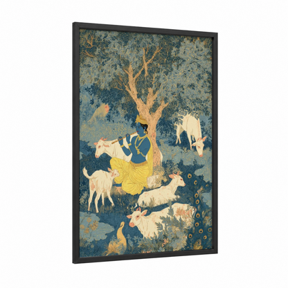 Krishna's Pastoral Blessing framed hinduism print — black wood frame — teal and gold palette