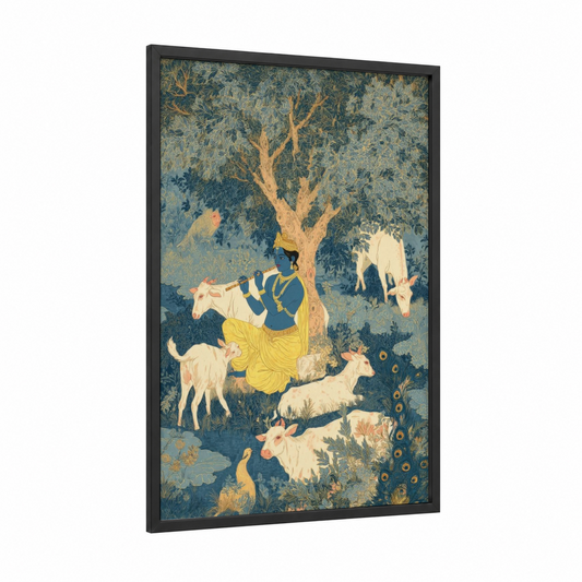 Krishna's Pastoral Blessing framed hinduism print — black wood frame — teal and gold palette